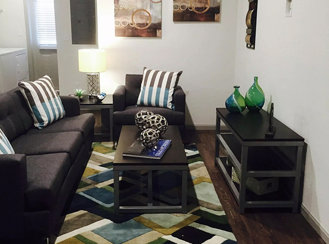 Apartment living room decorated with a colorful rug